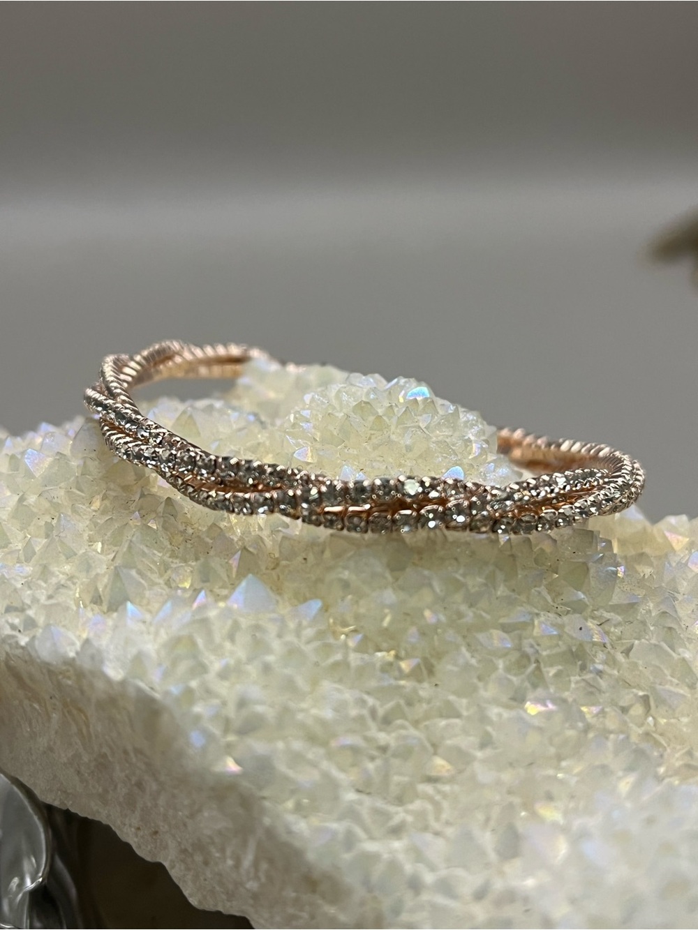 Rose Gold Rhinestone Stretch Bracelet | Double Strand Twist Crystal Bangle